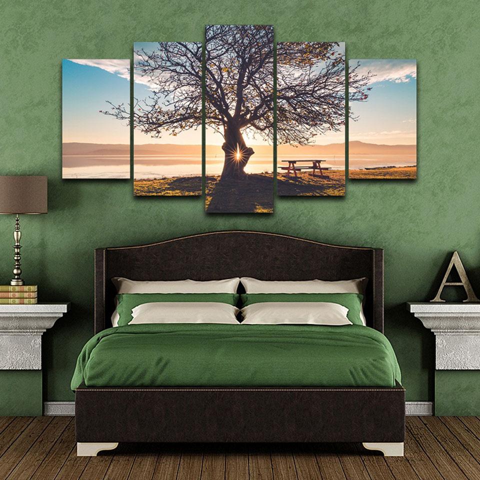 Blue Sky Tree Silhouette Natural Landscape - Nature 5 Panel Canvas Art Wall Decor Blue Sky Tree Silhouette Natural Landscape - Nature 5 Panel Canvas Art Wall Decor