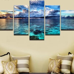 Blue Sky White Clouds Seascape - Nature 5 Panel Canvas Art Wall Decor