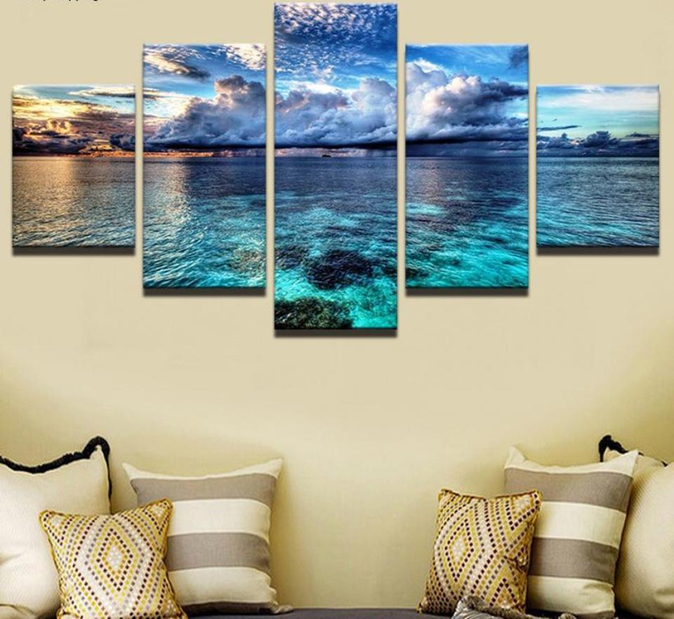 Blue Sky White Clouds Seascape - Nature 5 Panel Canvas Art Wall Decor Blue Sky White Clouds Seascape - Nature 5 Panel Canvas Art Wall Decor