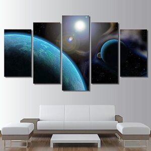 Blue Space Fantasy Planet - Space Universe 5 Panel Canvas Art Wall Decor