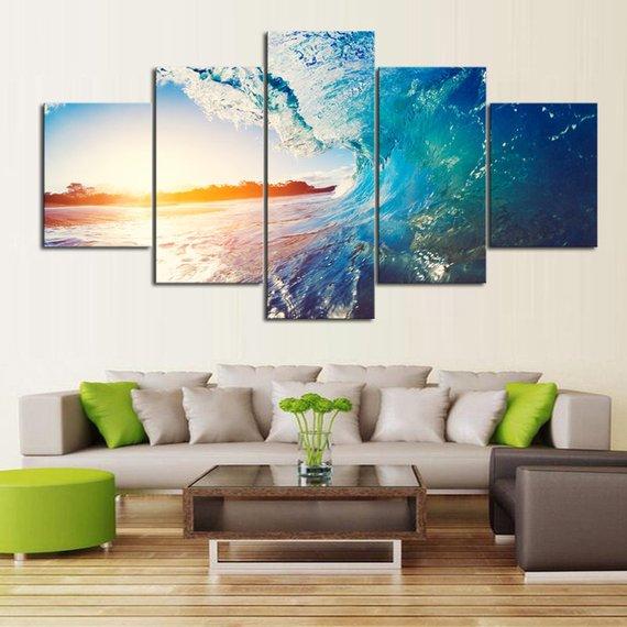 Blue Wave - Nature 5 Panel Canvas Art Wall Decor Blue Wave - Nature 5 Panel Canvas Art Wall Decor