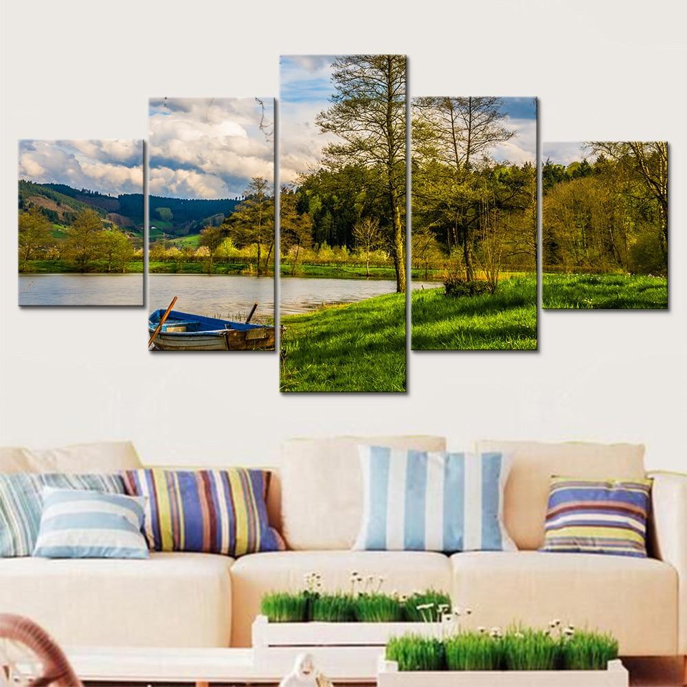 Boat And Lake - Nature 5 Panel Canvas Art Wall Decor Boat And Lake - Nature 5 Panel Canvas Art Wall Decor