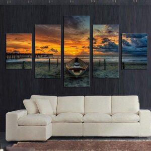 Boat By The Beach - Nature 5 Panel Canvas Art Wall Decor