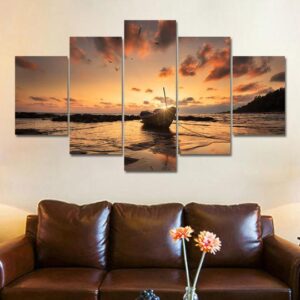 Boat On The Beach At Sunset - Nature 5 Panel Canvas Art Wall Decor