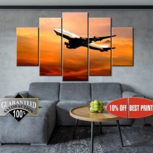 Boeing 747 In Sunset - Airplane 5 Panel Canvas Art Wall Decor