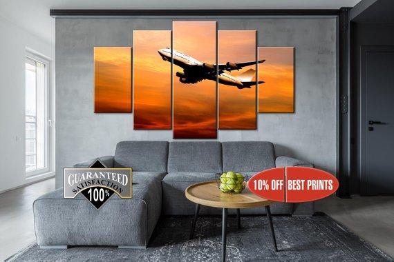 Boeing 747 In Sunset - Airplane 5 Panel Canvas Art Wall Decor Boeing 747 In Sunset - Airplane 5 Panel Canvas Art Wall Decor