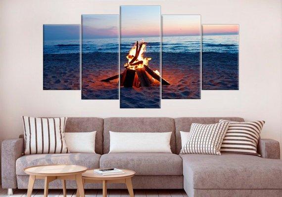 Bonfire On The Beach At Sunset Firewood - Nature 5 Panel Canvas Art Wall Decor Bonfire On The Beach At Sunset Firewood - Nature 5 Panel Canvas Art Wall Decor