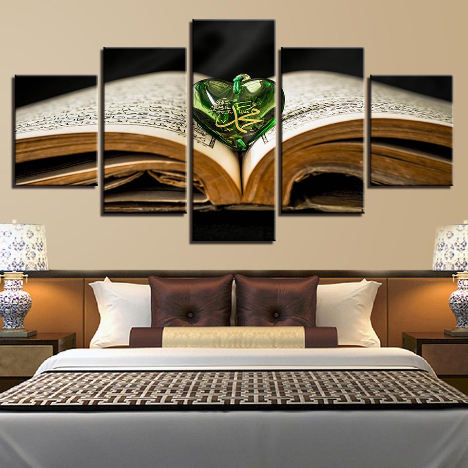 Book And Green Heart-Shaped - Abstract 5 Panel Canvas Art Wall Decor Book And Green Heart-Shaped - Abstract 5 Panel Canvas Art Wall Decor