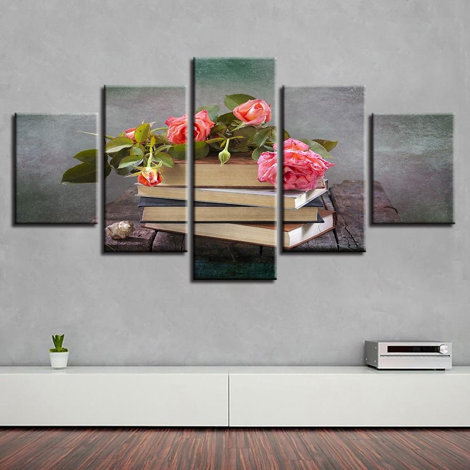 Books And Pink Flower - Abstract 5 Panel Canvas Art Wall Decor Books And Pink Flower - Abstract 5 Panel Canvas Art Wall Decor