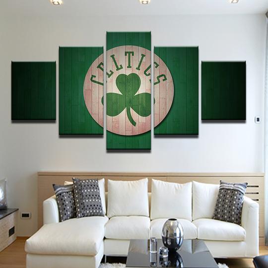 Boston Celtics Logo Over Floorboards - Sport 5 Panel Canvas Art Wall Decor Boston Celtics Logo Over Floorboards - Sport 5 Panel Canvas Art Wall Decor