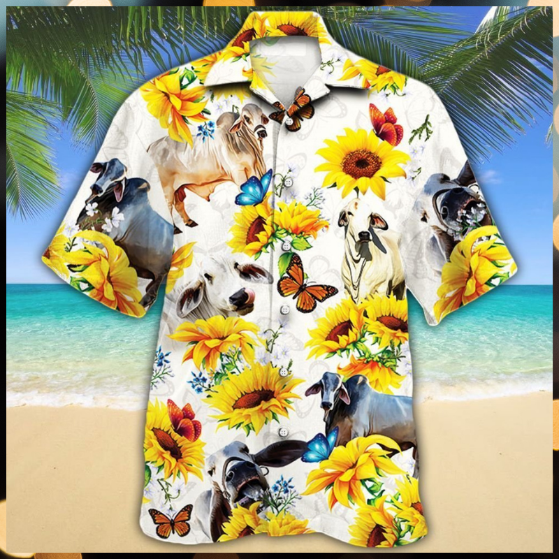 Brahman Cattle Butterfly Sunflower Hawaiian Shirt Brahman Cattle Butterfly Sunflower Hawaiian Shirt