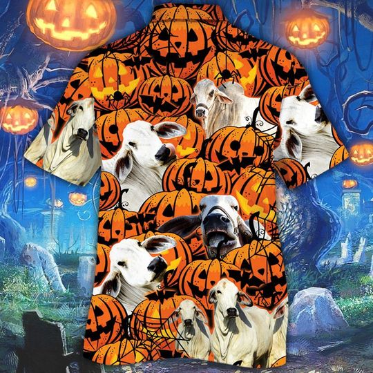 Brahman Cattle Halloween Pumpkin Hawaiian Shirt Brahman Cattle Halloween Pumpkin Hawaiian Shirt