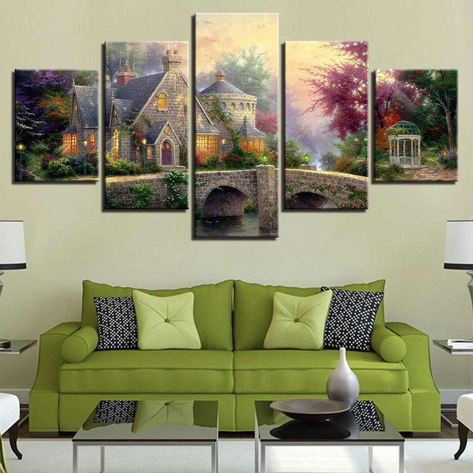 Bridge Classic Cottage Landscape - Nature 5 Panel Canvas Art Wall Decor Bridge Classic Cottage Landscape - Nature 5 Panel Canvas Art Wall Decor