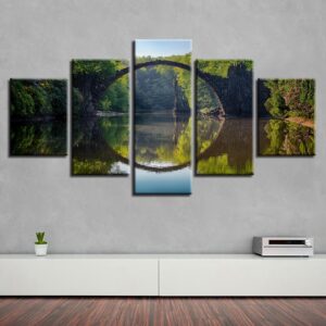 Bridge Forest River And Flower Retro - Nature 5 Panel Canvas Art Wall Decor