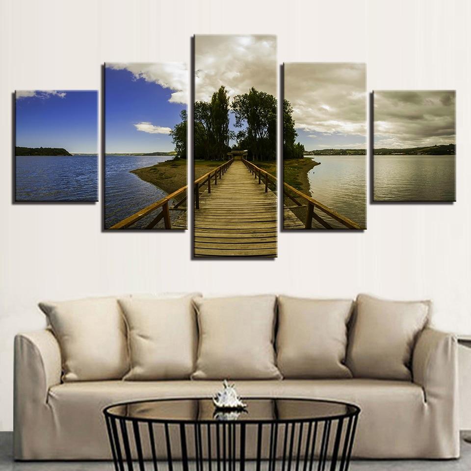 Bridge Green Trees Blue Sky And Sea - Nature 5 Panel Canvas Art Wall Decor Bridge Green Trees Blue Sky And Sea - Nature 5 Panel Canvas Art Wall Decor