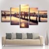 Bridge Lake Sunset Dusk - Nature 5 Panel Canvas Art Wall Decor