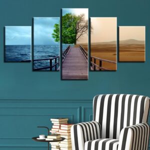 Bridge Tree Blue Sea And Desert - Nature 5 Panel Canvas Art Wall Decor