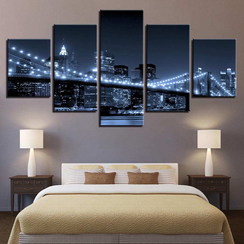 Brooklyn Bridge City Night View - Nature 5 Panel Canvas Art Wall Decor Brooklyn Bridge City Night View - Nature 5 Panel Canvas Art Wall Decor