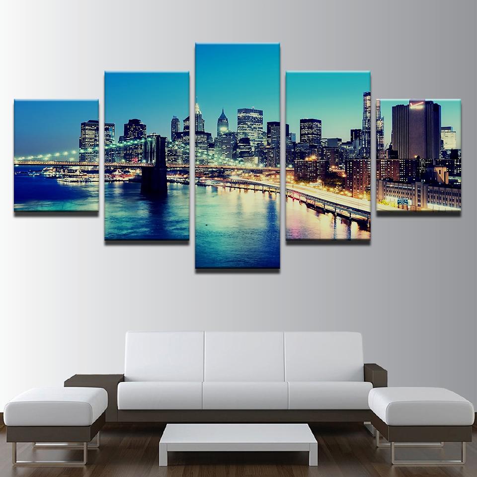 Brooklyn Bridge City Night - Nature 5 Panel Canvas Art Wall Decor Brooklyn Bridge City Night - Nature 5 Panel Canvas Art Wall Decor