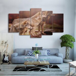 Brown Wolf Group - Animal 5 Panel Canvas Art Wall Decor