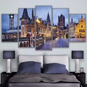 Bruges Bridge Walkway Church - Nature 5 Panel Canvas Art Wall Decor