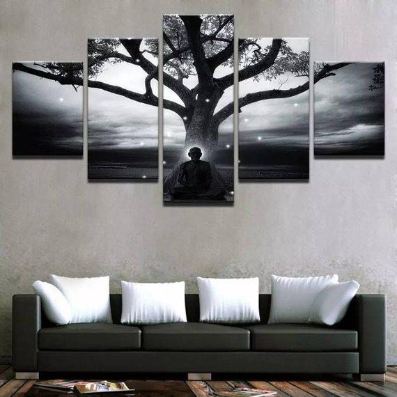 Buddha Tree Meditation Split - Religion 5 Panel Canvas Art Wall Decor Buddha Tree Meditation Split - Religion 5 Panel Canvas Art Wall Decor