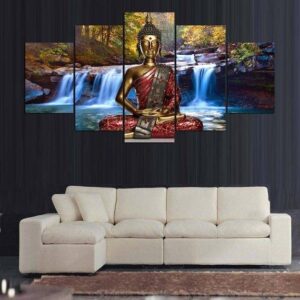 Buddha Waterfalls Relaxation - Religion 5 Panel Canvas Art Wall Decor