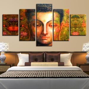 Buddha Zen And Flowers - Religion 5 Panel Canvas Art Wall Decor