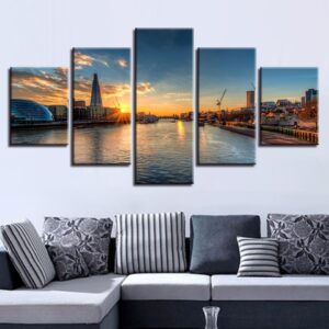 Building River Water Sunrise Sunshine - Nature 5 Panel Canvas Art Wall Decor