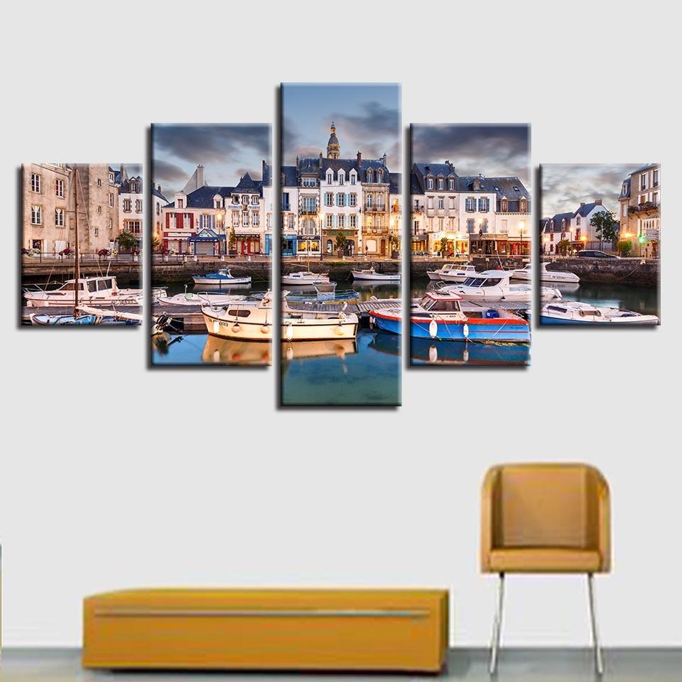 Buildings And Boats - Nature 5 Panel Canvas Art Wall Decor Buildings And Boats - Nature 5 Panel Canvas Art Wall Decor