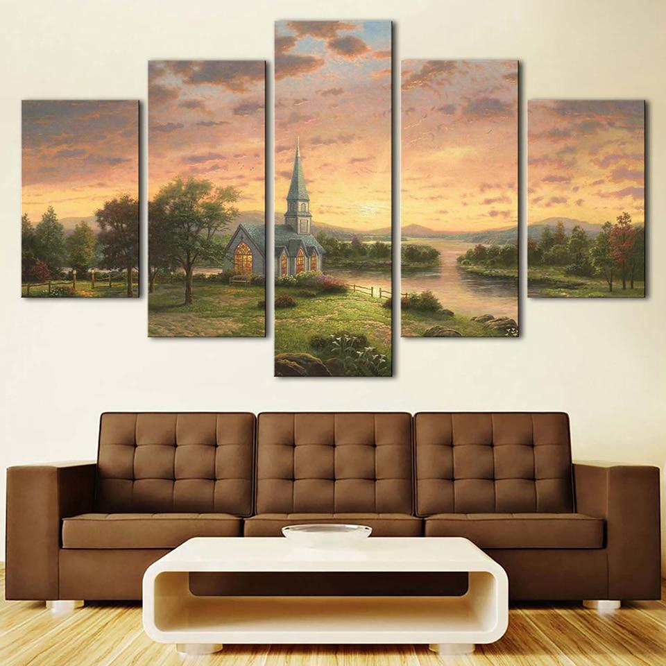 Buildings House And River Trees Sunset - Nature 5 Panel Canvas Art Wall Decor Buildings House And River Trees Sunset - Nature 5 Panel Canvas Art Wall Decor