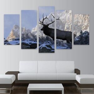 Bull Elk On Snowy Mountain Side - Animal 5 Panel Canvas Art Wall Decor