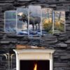 Bull Moose Crossing Stream - Animal 5 Panel Canvas Art Wall Decor