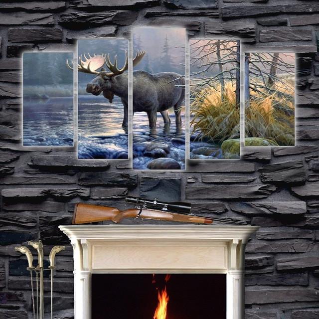 Bull Moose Crossing Stream - Animal 5 Panel Canvas Art Wall Decor Bull Moose Crossing Stream - Animal 5 Panel Canvas Art Wall Decor