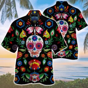 Butterflies And Flowers Sugar Skull Roses Pattern Hawaiian Shirt