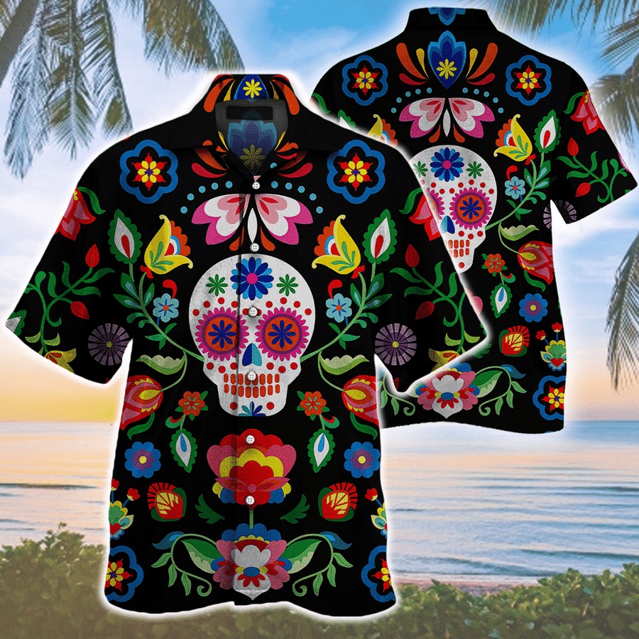 Butterflies And Flowers Sugar Skull Roses Pattern Hawaiian Shirt Butterflies And Flowers Sugar Skull Roses Pattern Hawaiian Shirt