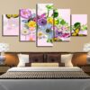 Butterfly And Colorful Flowers - Nature 5 Panel Canvas Art Wall Decor