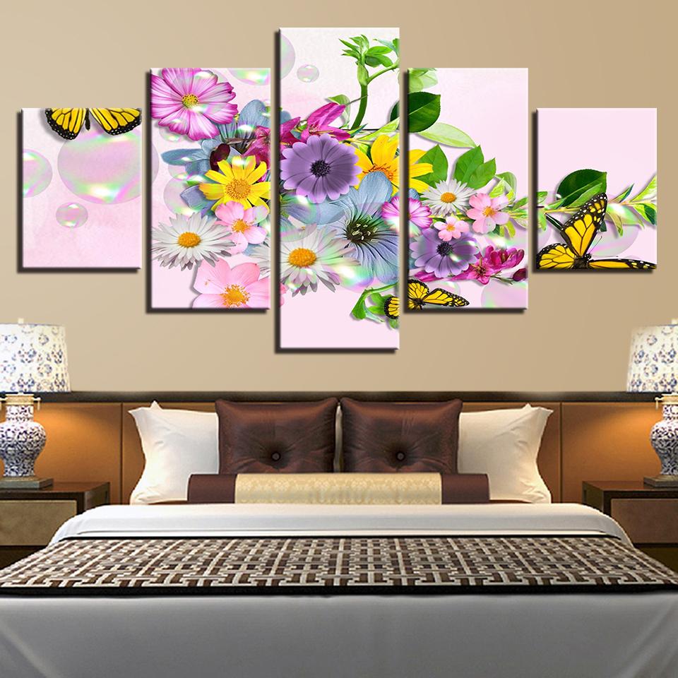 Butterfly And Colorful Flowers - Nature 5 Panel Canvas Art Wall Decor Butterfly And Colorful Flowers - Nature 5 Panel Canvas Art Wall Decor