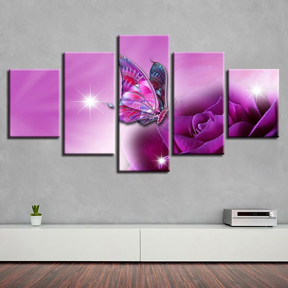 Butterfly And Purple Flower Sunshine - Nature 5 Panel Canvas Art Wall Decor Butterfly And Purple Flower Sunshine - Nature 5 Panel Canvas Art Wall Decor