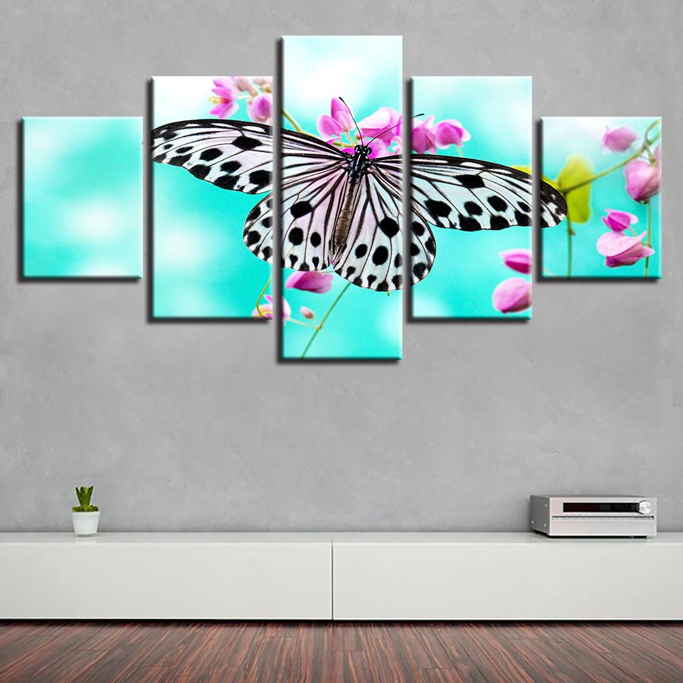 Butterfly And Purple Flower - Nature 5 Panel Canvas Art Wall Decor Butterfly And Purple Flower - Nature 5 Panel Canvas Art Wall Decor