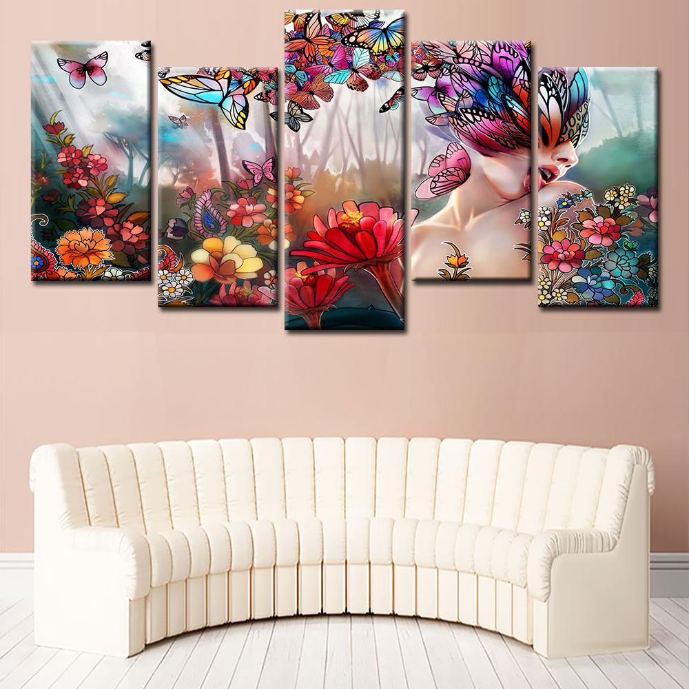 Butterfly Girl Flowers - Abstract 5 Panel Canvas Art Wall Decor Butterfly Girl Flowers - Abstract 5 Panel Canvas Art Wall Decor