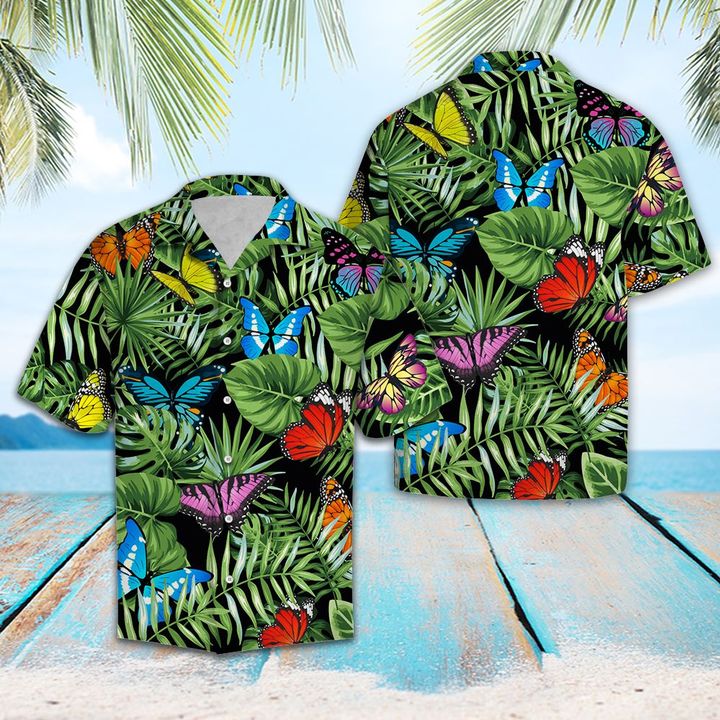 Butterfly Green Tropical Leaves Hawaiian Shirt Summer Button Up Butterfly Green Tropical Leaves Hawaiian Shirt Summer Button Up