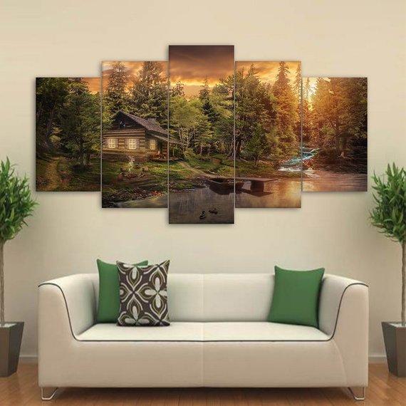 Cabin in the Woods - Nature 5 Panel Canvas Art Wall Decor Cabin in the Woods - Nature 5 Panel Canvas Art Wall Decor
