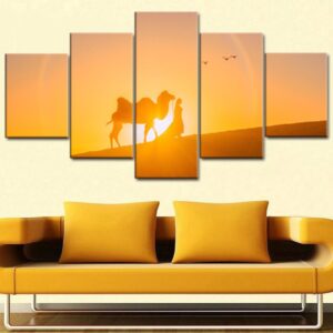 Camel Desert Sunset - Nature 5 Panel Canvas Art Wall Decor