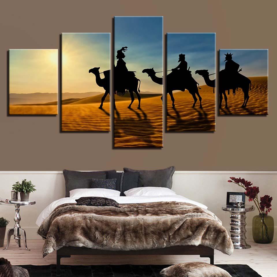 Camel Sunshine Desert - Nature 5 Panel Canvas Art Wall Decor Camel Sunshine Desert - Nature 5 Panel Canvas Art Wall Decor