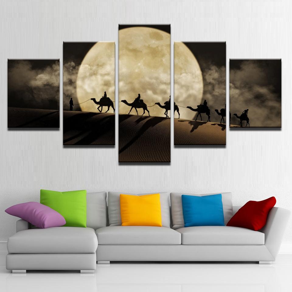 Camel Team Porter Full Moon In Desert - Nature 5 Panel Canvas Art Wall Decor Camel Team Porter Full Moon In Desert - Nature 5 Panel Canvas Art Wall Decor