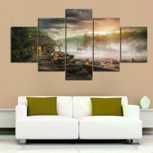 Campfire Cabin 01 - Nature 5 Panel Canvas Art Wall Decor