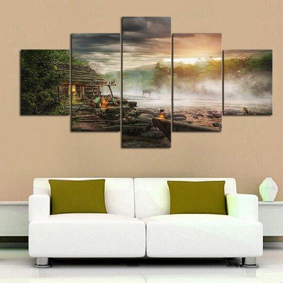 Campfire Cabin 01 - Nature 5 Panel Canvas Art Wall Decor Campfire Cabin 01 - Nature 5 Panel Canvas Art Wall Decor
