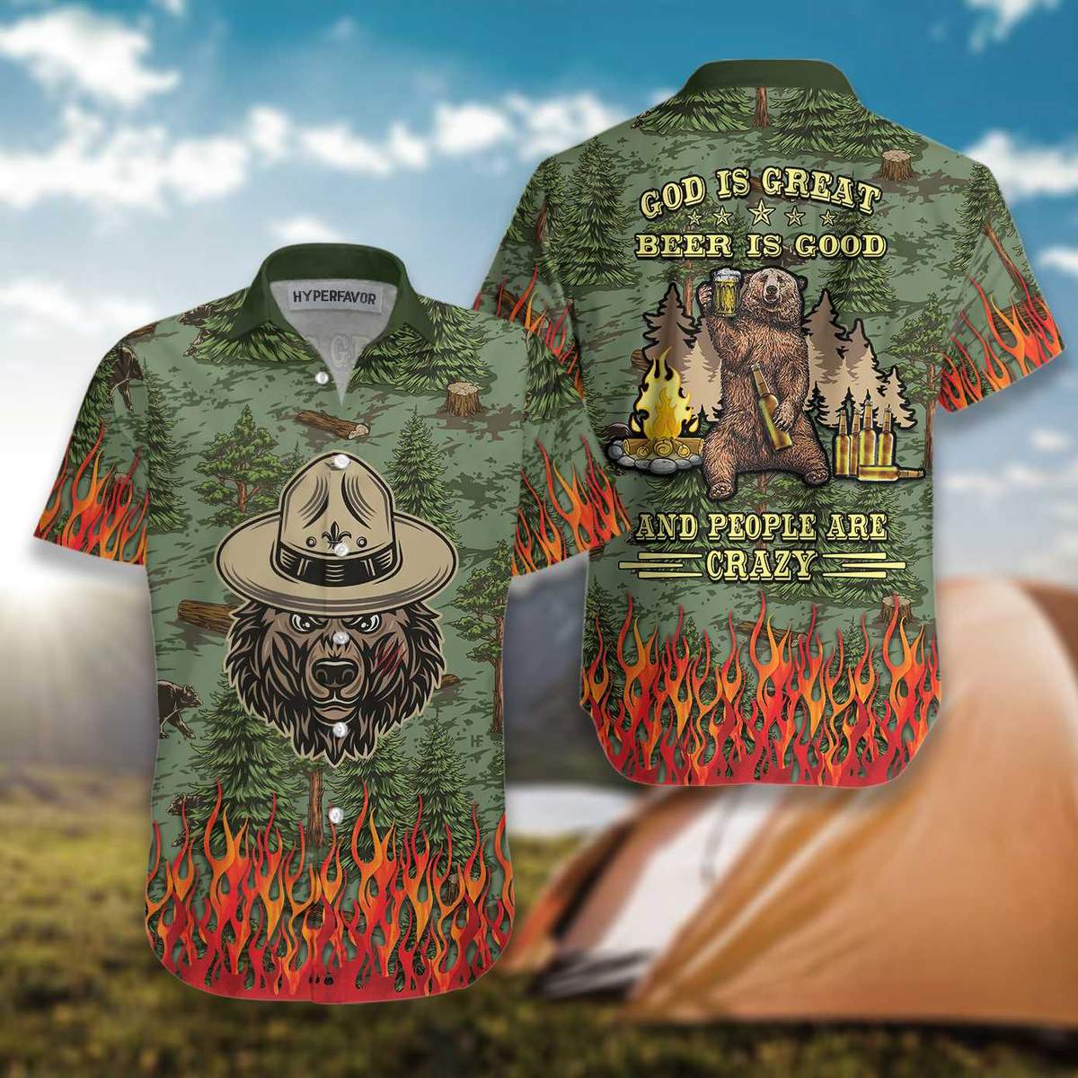 Camping Fire Sheriff Bear God Is Great Beer Is Good Hawaiian Shirt Camping Fire Sheriff Bear God Is Great Beer Is Good Hawaiian Shirt