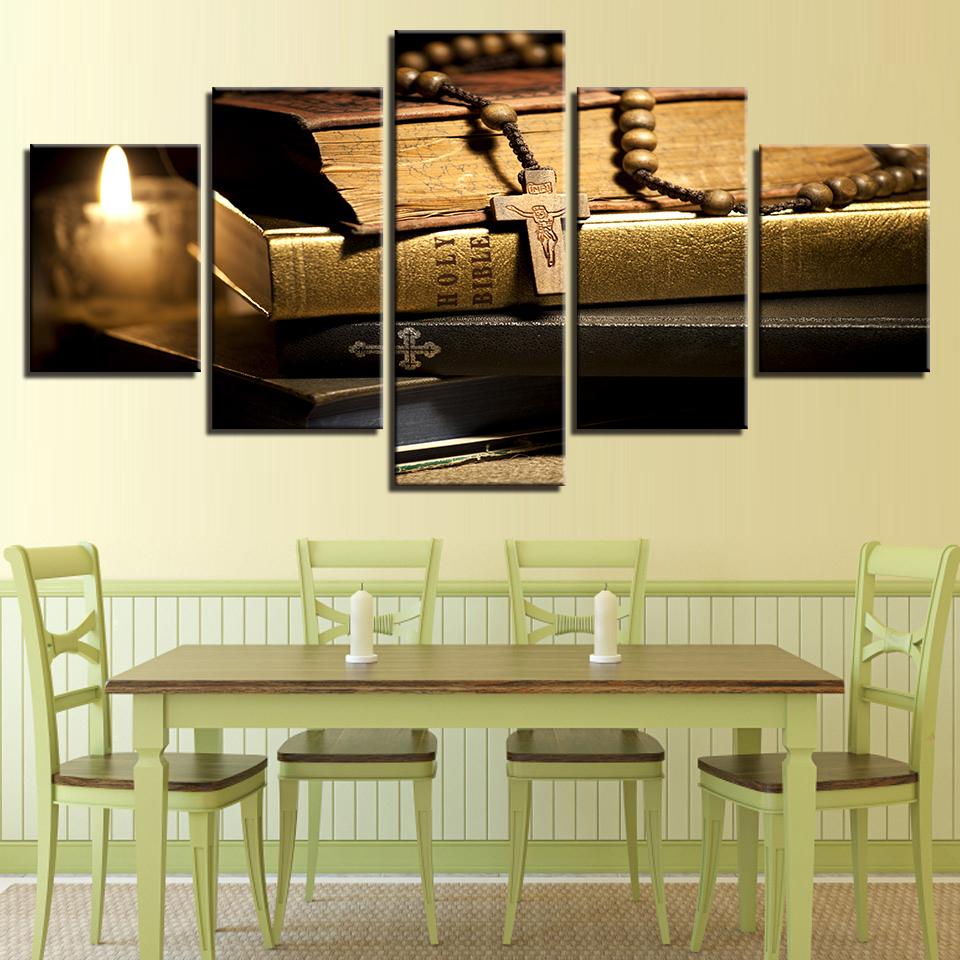 Candle Bible And Christ Cross - Religion 5 Panel Canvas Art Wall Decor Candle Bible And Christ Cross - Religion 5 Panel Canvas Art Wall Decor
